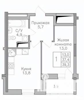 1-к квартира, строящийся дом, 39м2, 14/25 этаж
