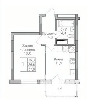 1-к квартира, строящийся дом, 38м2, 20/25 этаж