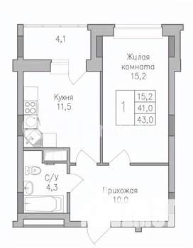 1-к квартира, строящийся дом, 43м2, 4/10 этаж