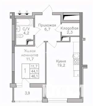 1-к квартира, строящийся дом, 46м2, 5/25 этаж
