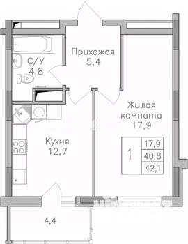 1-к квартира, строящийся дом, 42м2, 17/25 этаж
