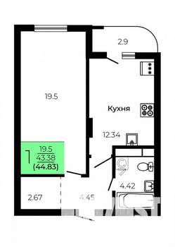 1-к квартира, строящийся дом, 45м2, 6/9 этаж