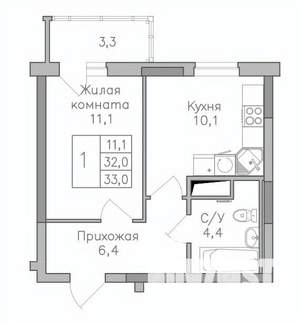 1-к квартира, строящийся дом, 33м2, 24/25 этаж