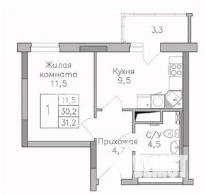 1-к квартира, строящийся дом, 31м2, 23/25 этаж
