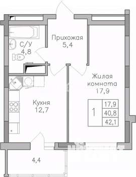 1-к квартира, строящийся дом, 42м2, 23/25 этаж