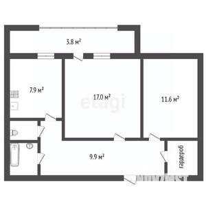 2-к квартира, вторичка, 56м2, 1/9 этаж