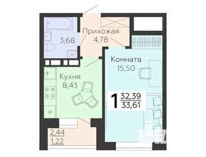 1-к квартира, строящийся дом, 34м2, 13/15 этаж