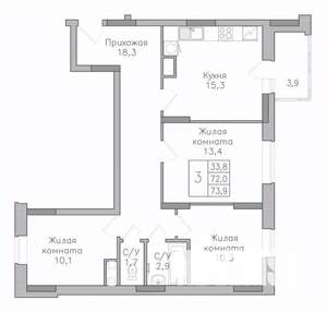 3-к квартира, строящийся дом, 74м2, 10/25 этаж