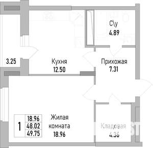 1-к квартира, строящийся дом, 49м2, 3/18 этаж