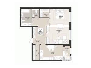 2-к квартира, строящийся дом, 78м2, 1/14 этаж