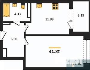 1-к квартира, вторичка, 42м2, 8/24 этаж