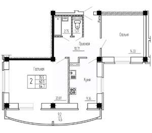 2-к квартира, строящийся дом, 65м2, 16/16 этаж