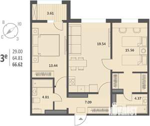 2-к квартира, вторичка, 67м2, 3/18 этаж