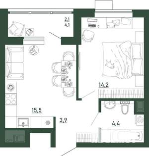 1-к квартира, строящийся дом, 40м2, 3/13 этаж