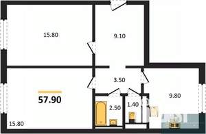 2-к квартира, вторичка, 58м2, 1/17 этаж