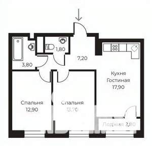 2-к квартира, строящийся дом, 59м2, 14/14 этаж