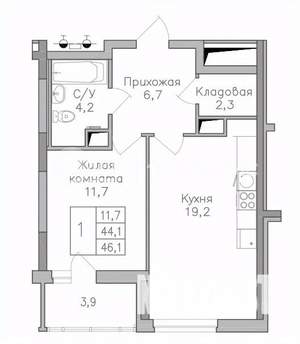 1-к квартира, строящийся дом, 46м2, 16/25 этаж