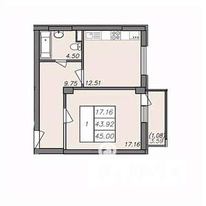 1-к квартира, строящийся дом, 45м2, 3/13 этаж