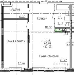 1-к квартира, вторичка, 60м2, 4/4 этаж