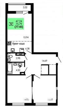 3-к квартира, строящийся дом, 77м2, 8/9 этаж