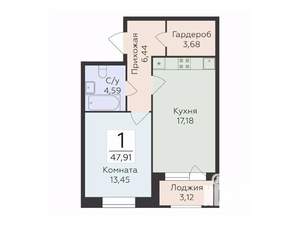 1-к квартира, строящийся дом, 48м2, 2/12 этаж