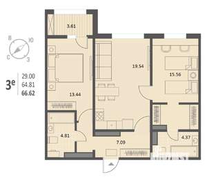 2-к квартира, строящийся дом, 67м2, 12/18 этаж