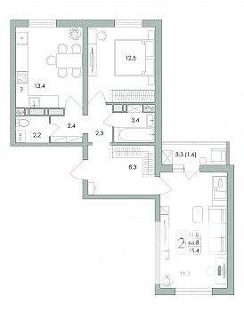 2-к квартира, строящийся дом, 65м2, 12/17 этаж