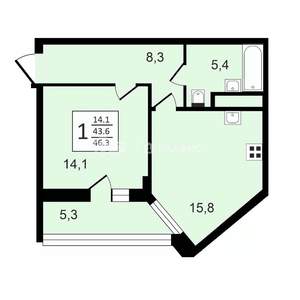 1-к квартира, строящийся дом, 46м2, 8/24 этаж