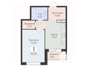1-к квартира, строящийся дом, 41м2, 8/18 этаж