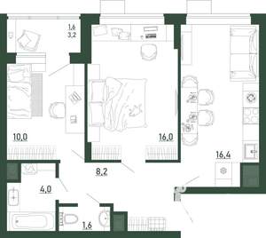 2-к квартира, строящийся дом, 58м2, 2/13 этаж