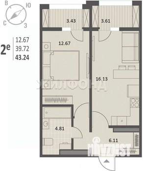 1-к квартира, вторичка, 43м2, 8/12 этаж