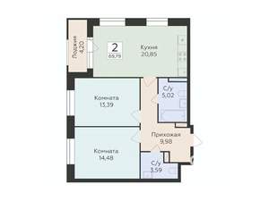 2-к квартира, строящийся дом, 70м2, 4/12 этаж