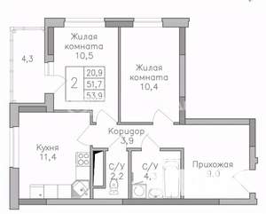2-к квартира, строящийся дом, 54м2, 11/25 этаж