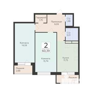 2-к квартира, вторичка, 60м2, 11/19 этаж