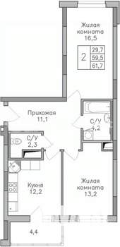 2-к квартира, строящийся дом, 62м2, 9/25 этаж