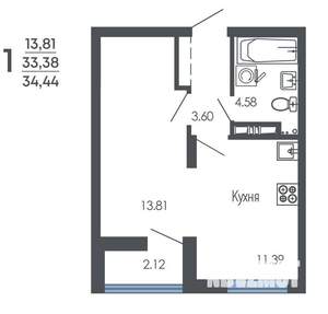 1-к квартира, строящийся дом, 34м2, 9/9 этаж