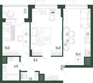 2-к квартира, строящийся дом, 58м2, 5/13 этаж