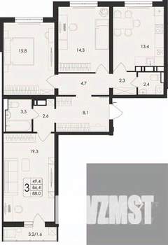 3-к квартира, вторичка, 88м2, 10/17 этаж