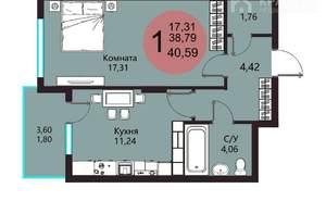 1-к квартира, вторичка, 41м2, 8/18 этаж