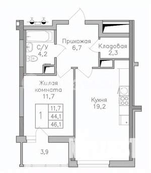 1-к квартира, строящийся дом, 46м2, 2/25 этаж