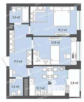 2-к квартира, строящийся дом, 61м2, 9/13 этаж