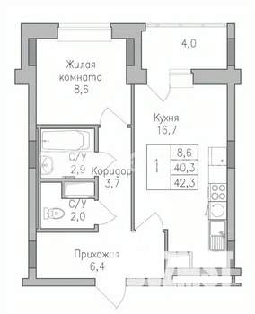 1-к квартира, строящийся дом, 42м2, 4/10 этаж