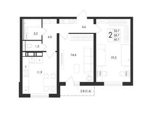 2-к квартира, вторичка, 60м2, 13/17 этаж