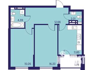 2-к квартира, вторичка, 64м2, 15/18 этаж