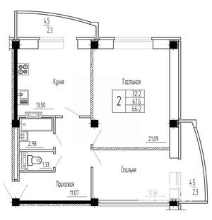 2-к квартира, строящийся дом, 66м2, 14/16 этаж