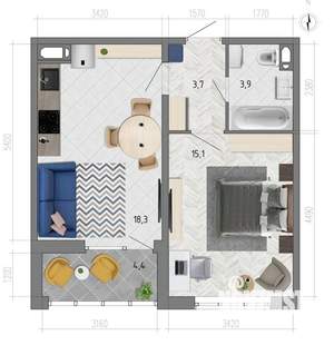 1-к квартира, вторичка, 43м2, 17/18 этаж