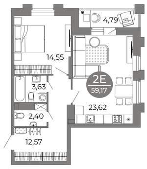 2-к квартира, вторичка, 59м2, 2/25 этаж
