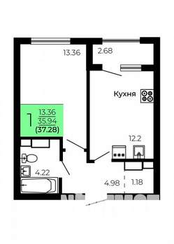 1-к квартира, строящийся дом, 37м2, 2/9 этаж
