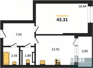 1-к квартира, вторичка, 43м2, 13/24 этаж