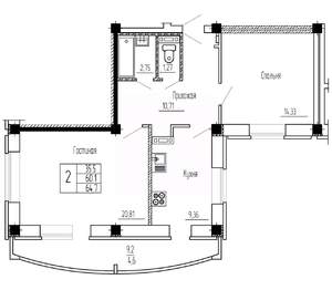 2-к квартира, строящийся дом, 65м2, 9/16 этаж